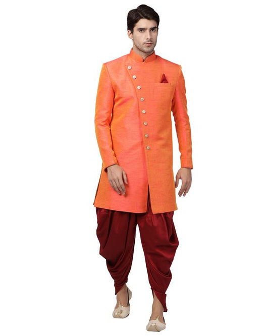 Men's Orange Silk Blend Straight Sherwani Set