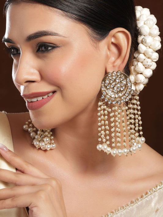 Dhiyona RJ Women's 18K Mehandi Gold-Plated Kundan Studded & Pearl Beaded Multilayer Chandlier Earrings