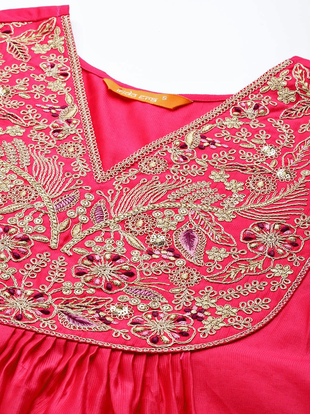 Women Pink & Gold Yoke Embroidered Sequinned A-Line Kurta Palazzos Dupatta