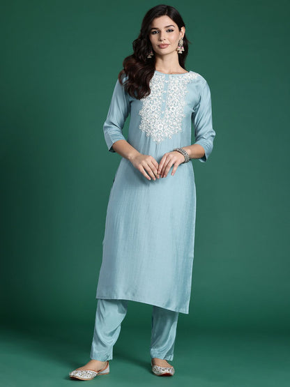 Dhiyona IE Women Ethnic Motifs Yoke Design Regular Thread Work Kurta with Trousers