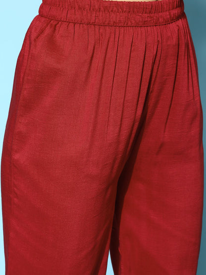 Dhiyona VA Women's Maroon Ethnic Motifs Embroidered Kurta With Trousers & Dupatta