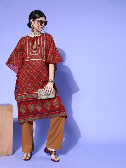Dhiyona IE Women Maroon & Navy Blue Cotton Geometric Printed Extended Sleeves Kaftan Kurta