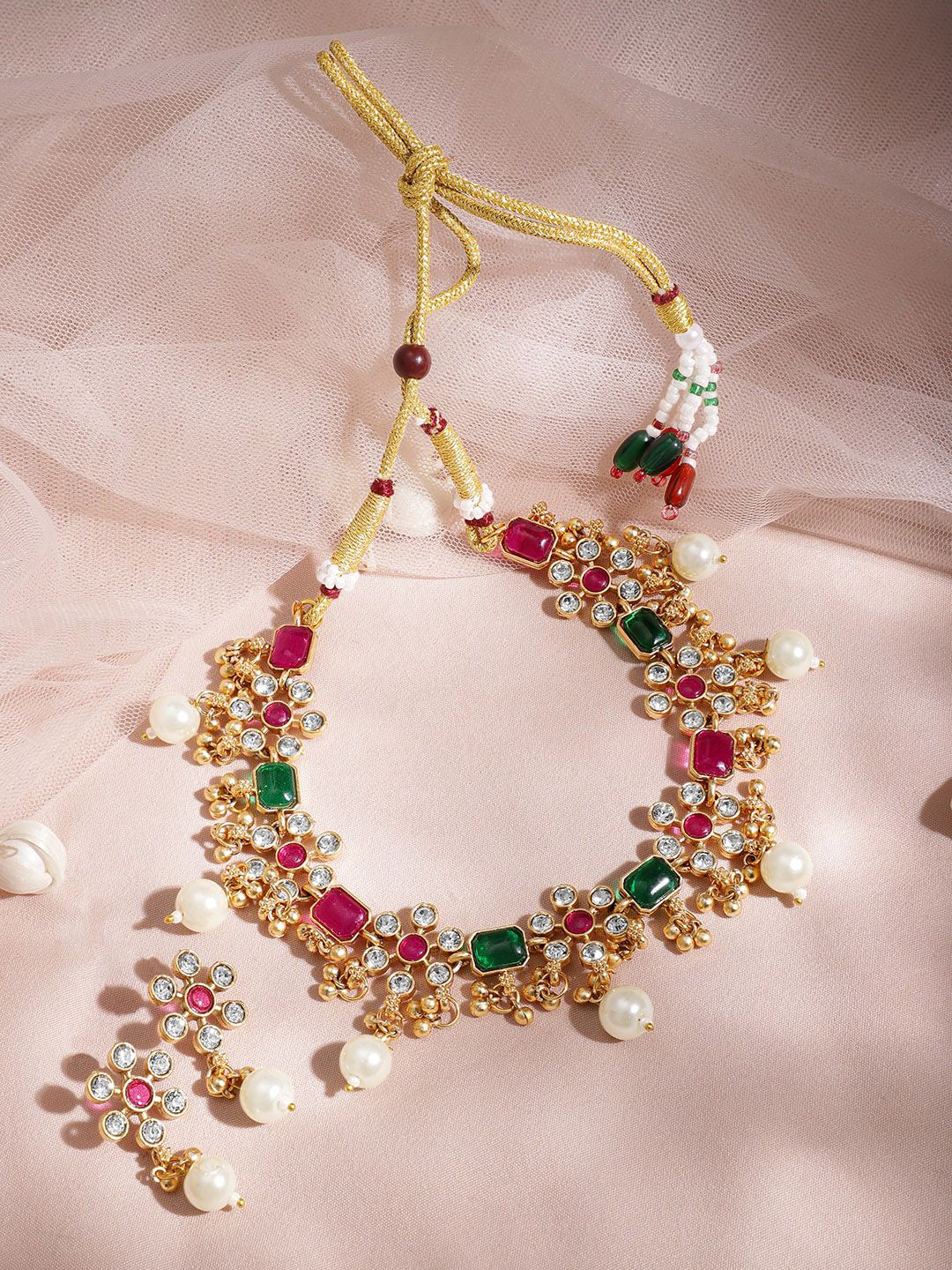 Dhiyona RJ Women's 22KT Gold Plated Brass Red And Green Stone Studded Pearls Hanging Jewellery Set