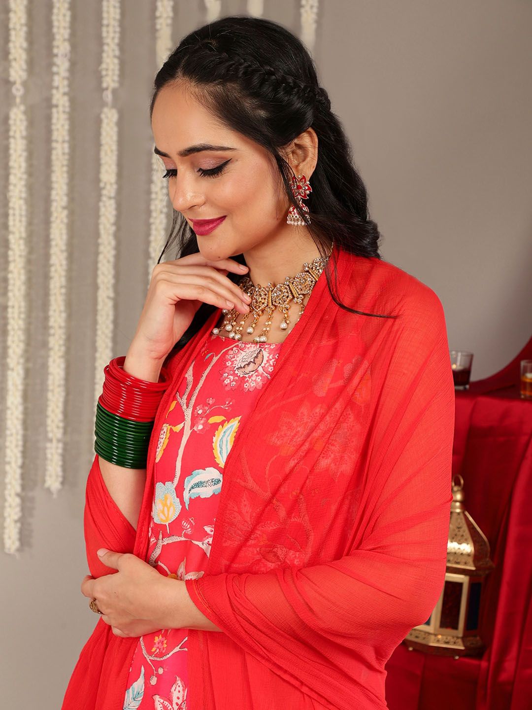 Dhiyona VA Women'sFloral Printed Shoulder Straps Anarkali Kurta & Trousers With Dupatta