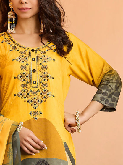 Dhiyona WP Geometric Embroidered Thread Work Straight Kurta With Trousers & Dupatta