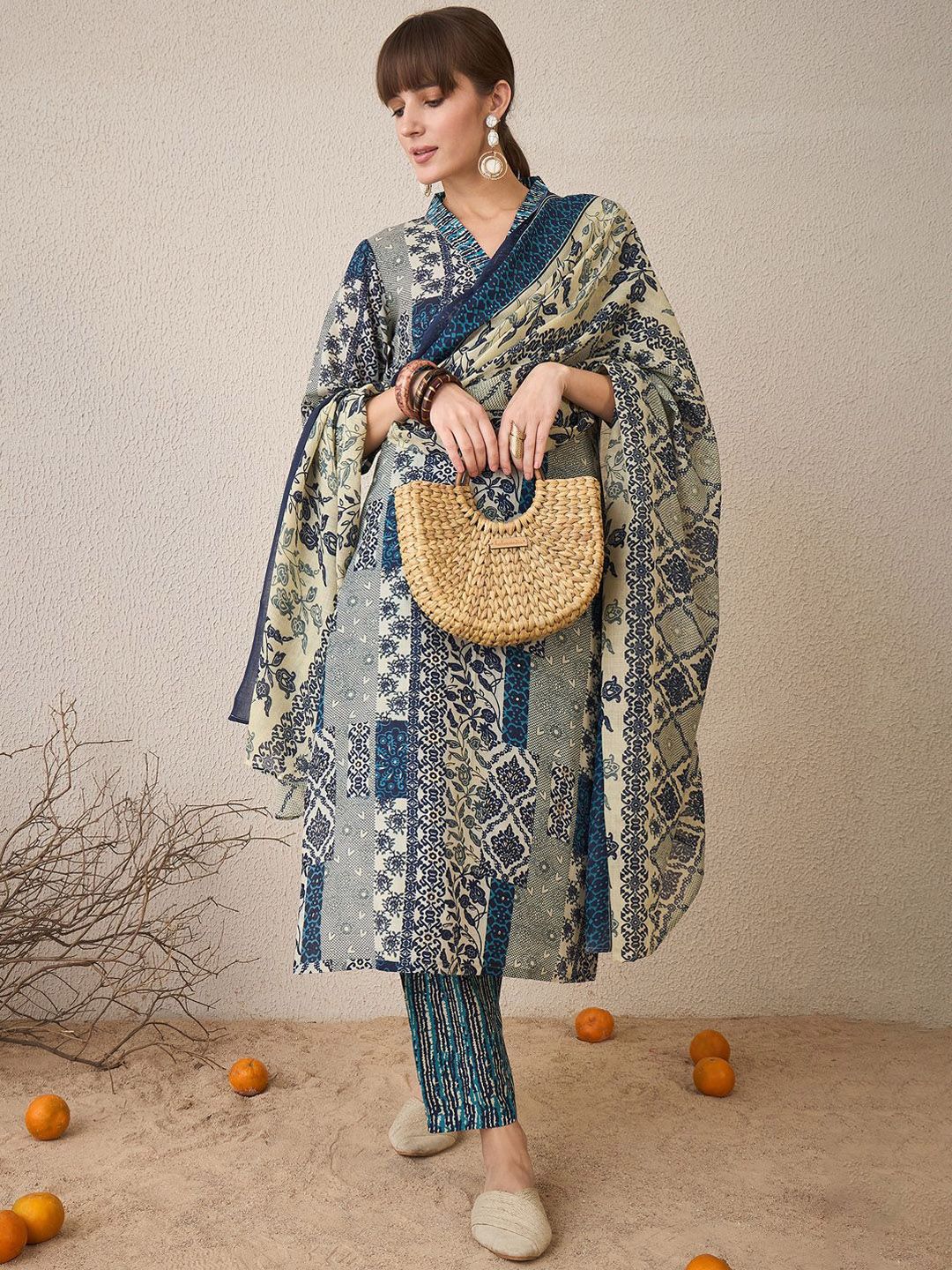 Women Floral Printed Regular Pure Cotton Kurta with Trousers & With Dupatta