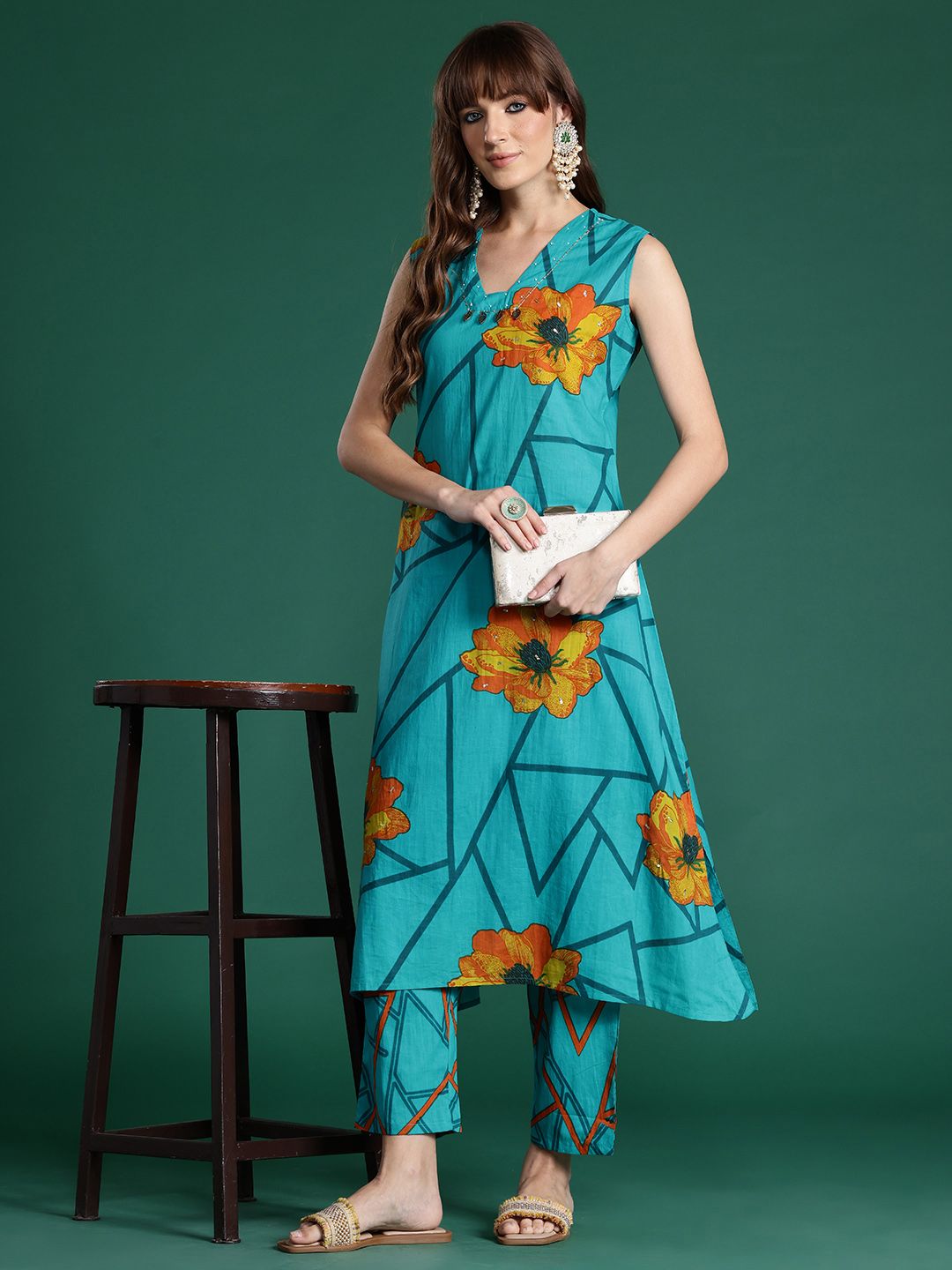 Dhiyona IE Floral Printed Pure Cotton Kurta with Trousers