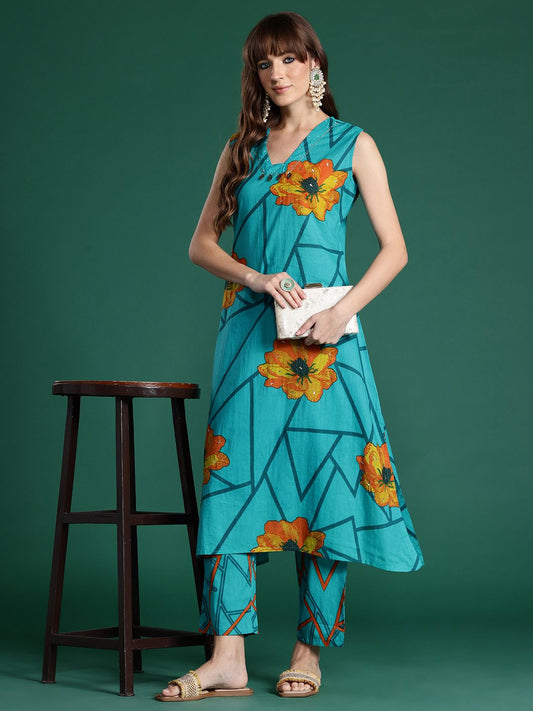 Dhiyona IE Floral Printed Pure Cotton Kurta with Trousers