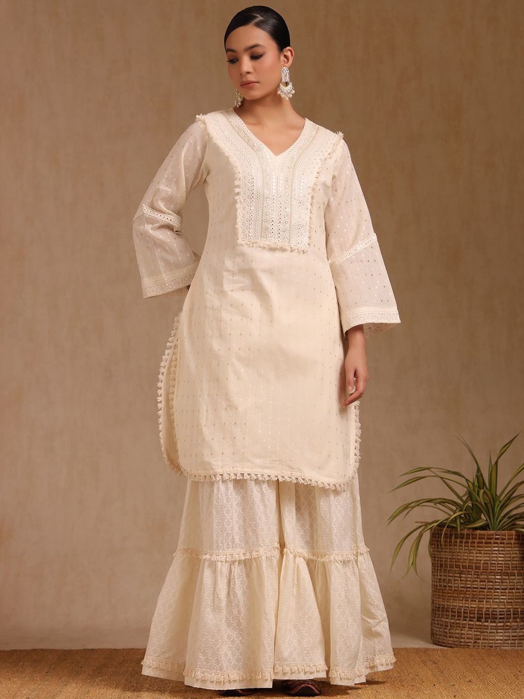 Dhiyona SO Women's Geometric Woven Design Mirror Work Cotton Straight Kurta With Sharara & Dupatta
