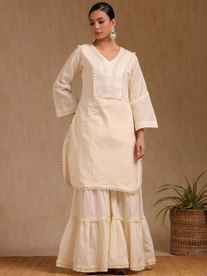 Dhiyona SO Women's Geometric Woven Design Mirror Work Cotton Straight Kurta With Sharara & Dupatta
