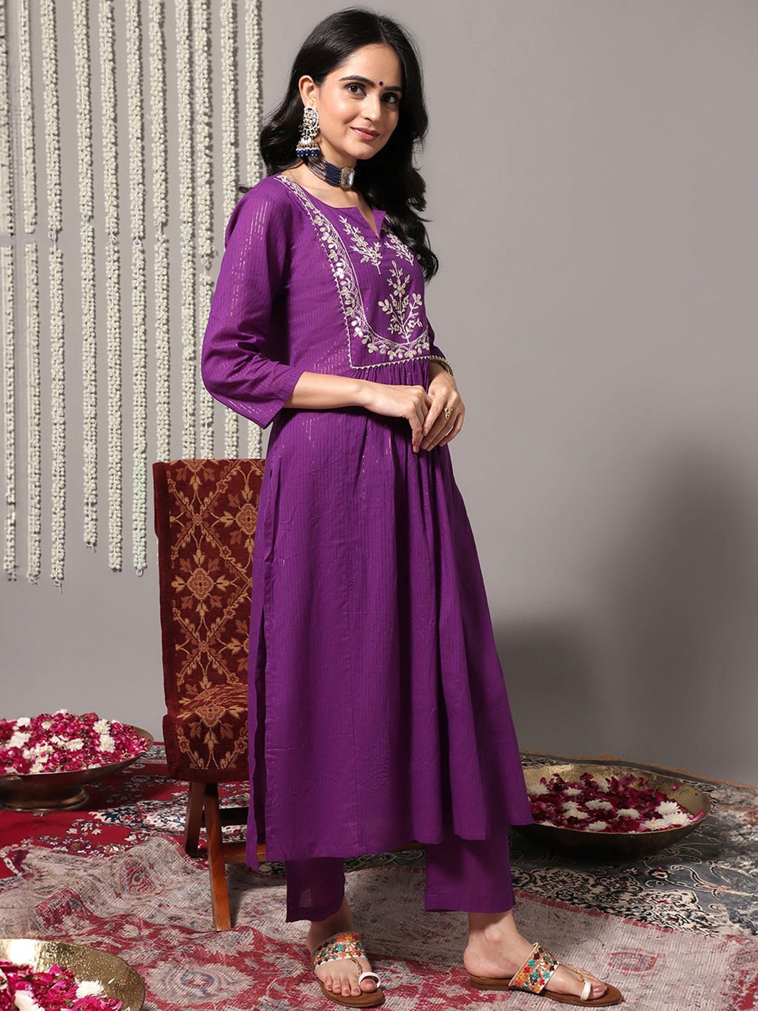 Dhiyona VA Women'sFloral Yoke Design Gotta Patti Pure Cotton Kurta & Trousers With Dupatta