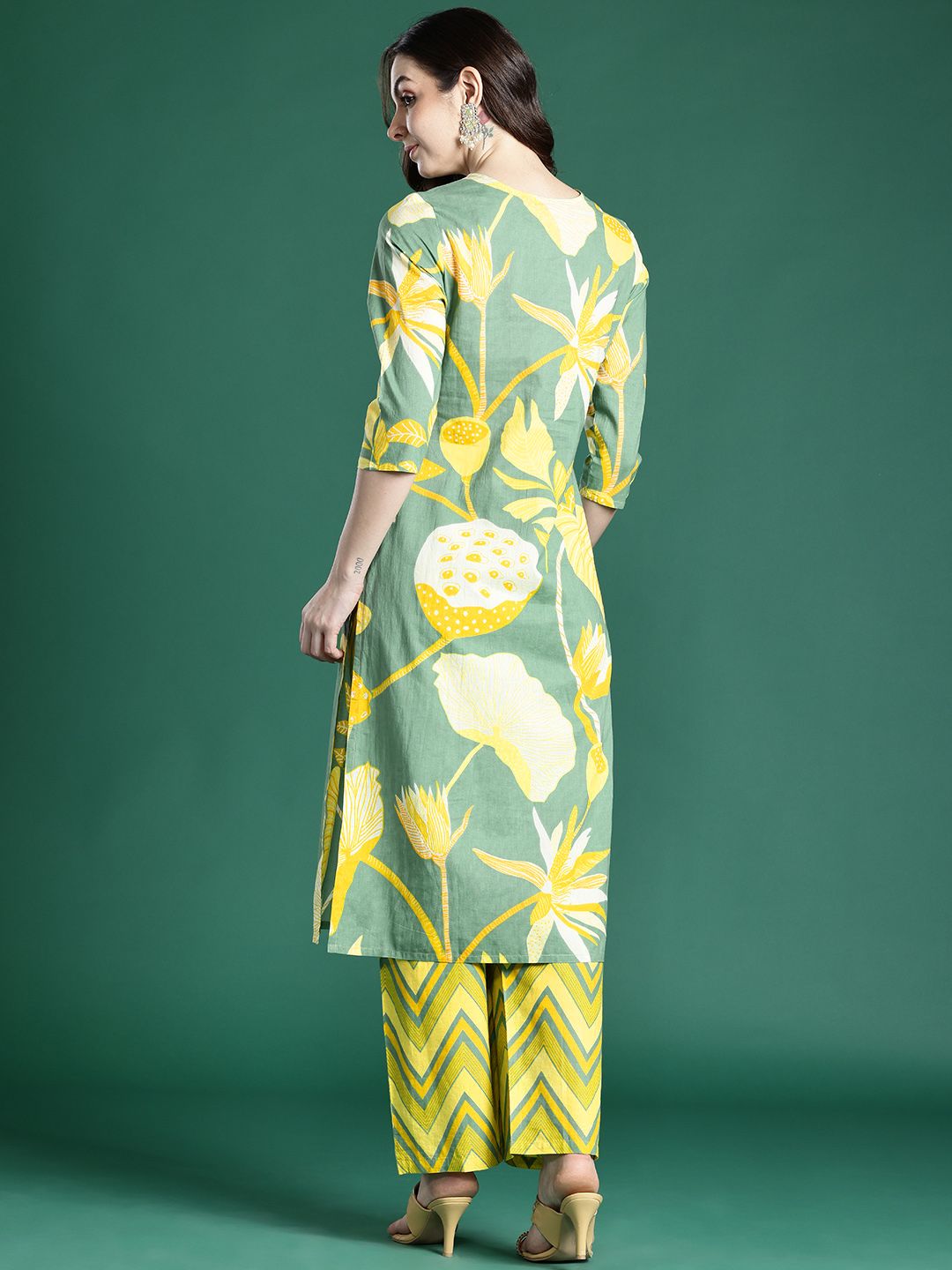 Dhiyona IE Floral Printed Pleated Sequinned Pure Cotton Kurta with Palazzos