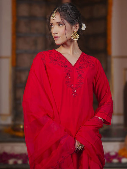 Women Embroidered Regular Sequined Kurta with Trousers & With Dupatta
