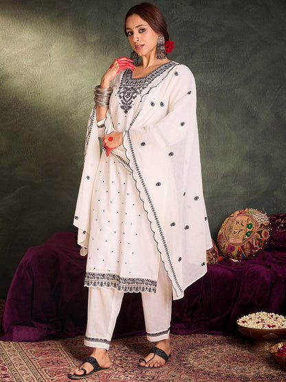 Dhiyona IE Floral Embroidered Thread Work Pure Cotton Kurta With Trousers & Dupatta