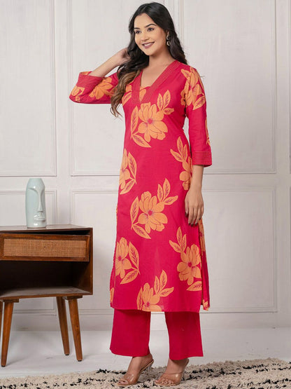 Dhiyona IE Floral Printed V-Neck Pure Cotton Tunic & Palazzos