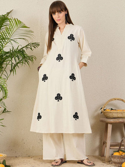 Floral Embroidered Mandarin Collar Thread Work Pure Cotton A-Line Kurta & Palazzo