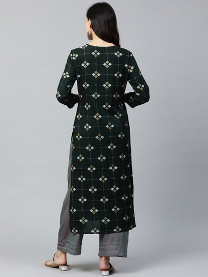 Dhiyona IE Women Green Printed Straight Kurta