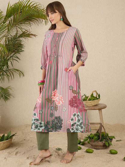 Dhiyona IE Floral Printed Pure Cotton Kurta With Trousers