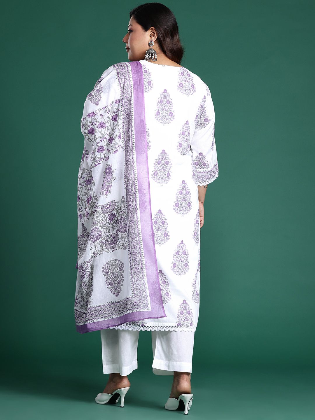 Plus Size Floral Printed Sequinned Pure Cotton Kurta with Trousers & With Dupatta