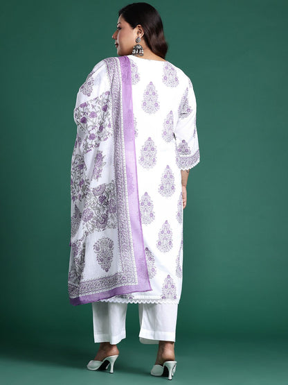 Plus Size Floral Printed Sequinned Pure Cotton Kurta with Trousers & With Dupatta