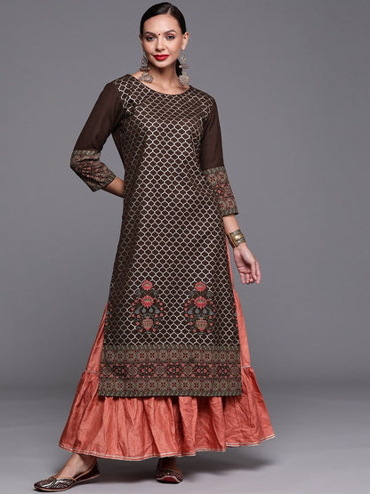 Dhiyona IE Women Ethnic Motifs Foil Printed Straight Cotton Kurtas