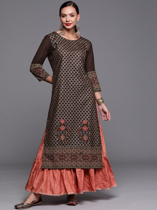 Dhiyona IE Women Ethnic Motifs Foil Printed Straight Cotton Kurtas