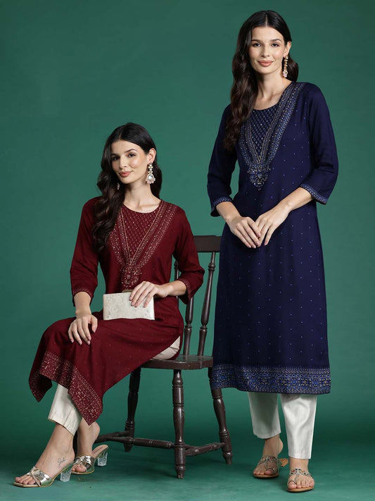 Dhiyona IE Pack of 2 Floral Foil Printed Sequined Kurta