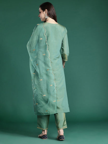 Dhiyona IE Ethnic Motifs Embroidered Gotta Patti Kurta with Trousers & Dupatta