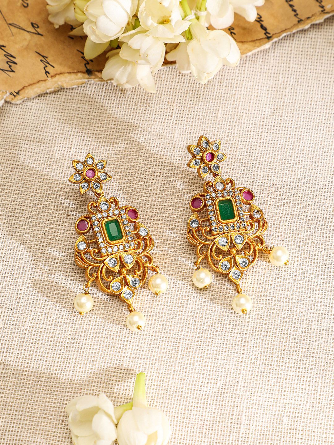 Dhiyona RJ Women's 22K Gold Plated Ruby & Emerald Kundan CZ Studded with Gold Beaded Jewellery Set