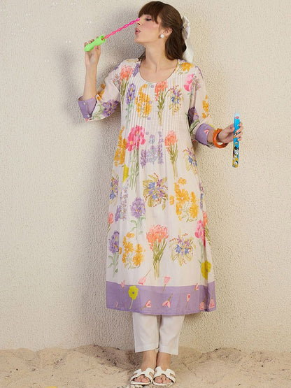 Dhiyona IE Printed Pure Cotton Round Neck Top With Trousers Co-Ords