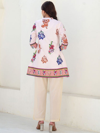 Dhiyona IE Printed Pure Cotton Mandarin Collar Neck A-Line Tunic With Trousers Co-Ords