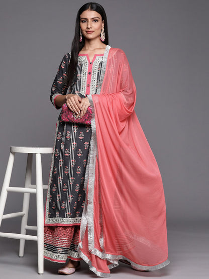Dhiyona VA Women's Grey Ethnic Motifs Printed Gotta Patti Kurta with Sharara & With Dupatta