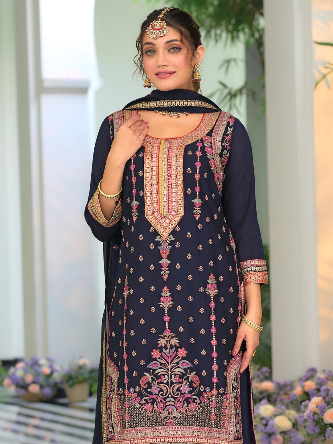 Floral Embroidered Round Neck Sequinned Straight Kurta With Palazzos & Dupatta