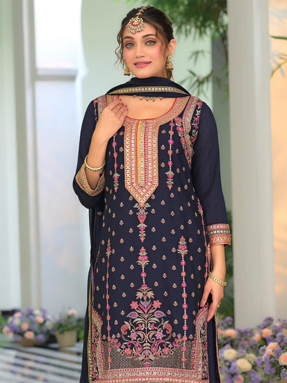 Floral Embroidered Round Neck Sequinned Straight Kurta With Palazzos & Dupatta