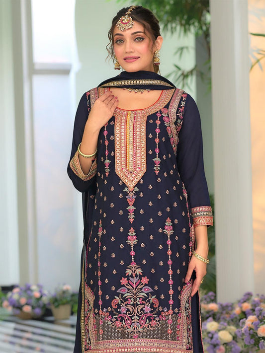 Floral Embroidered Round Neck Sequinned Straight Kurta With Palazzos & Dupatta