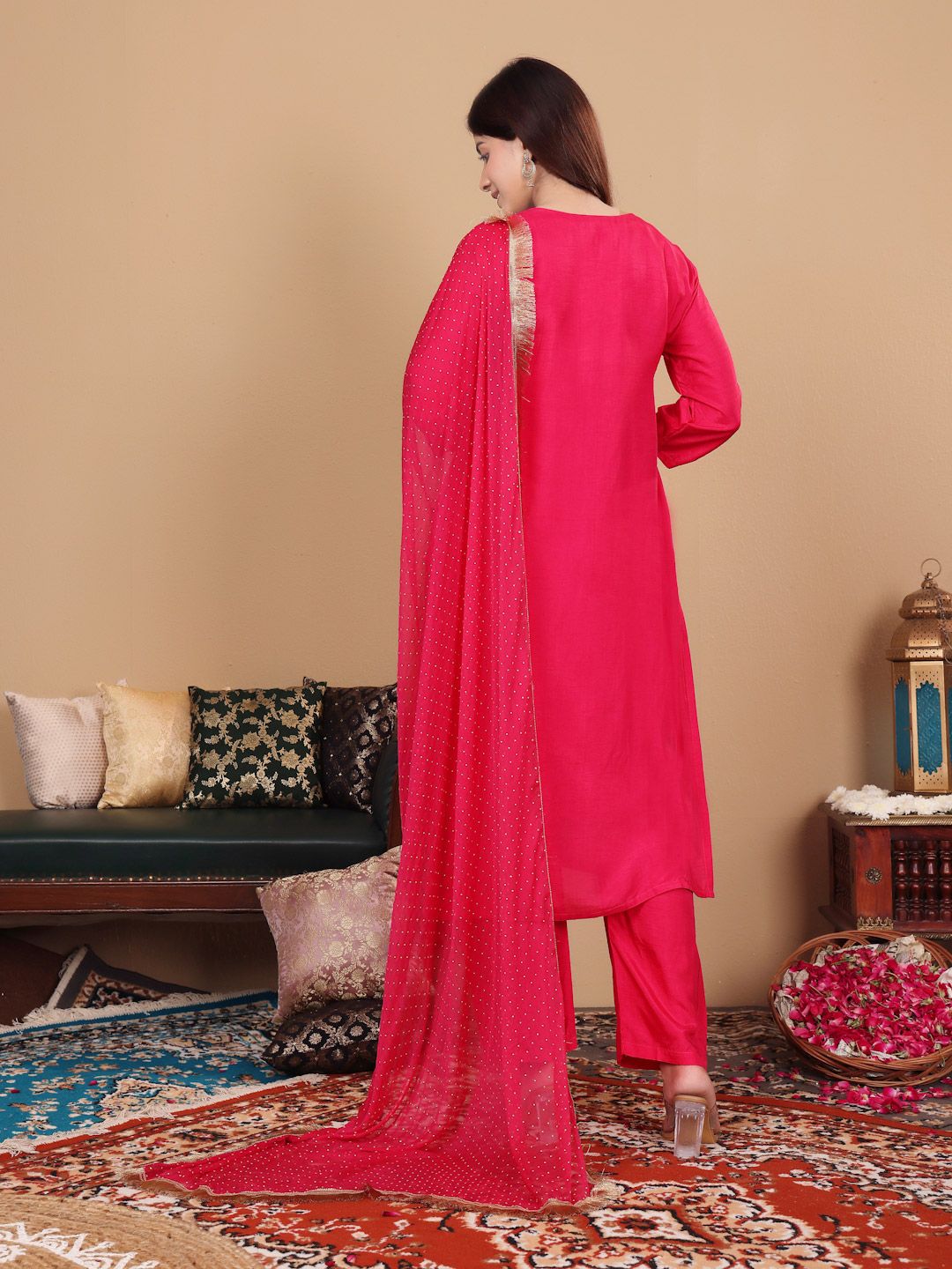 Dhiyona VA Women's Pink pure silk zardozi & floral embroidered kurta with trousers & dupatta