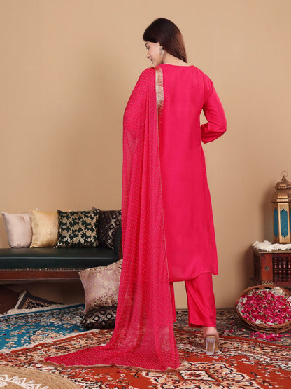 Dhiyona VA Women's Pink pure silk zardozi & floral embroidered kurta with trousers & dupatta