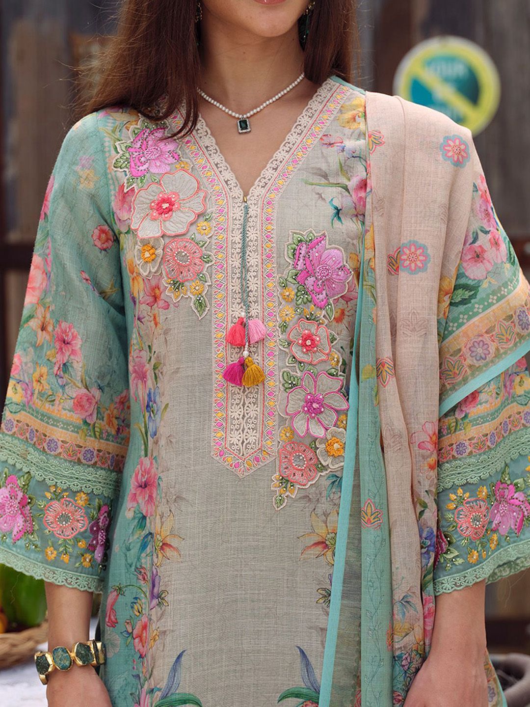Floral Embroidered Beads and Stones Straight Kurta With Trousers & Dupatta