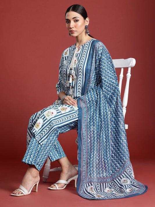 Dhiyona IE Ethnic Motifs Printed Sequinned Pure Cotton Kurta with Trousers & With Dupatta