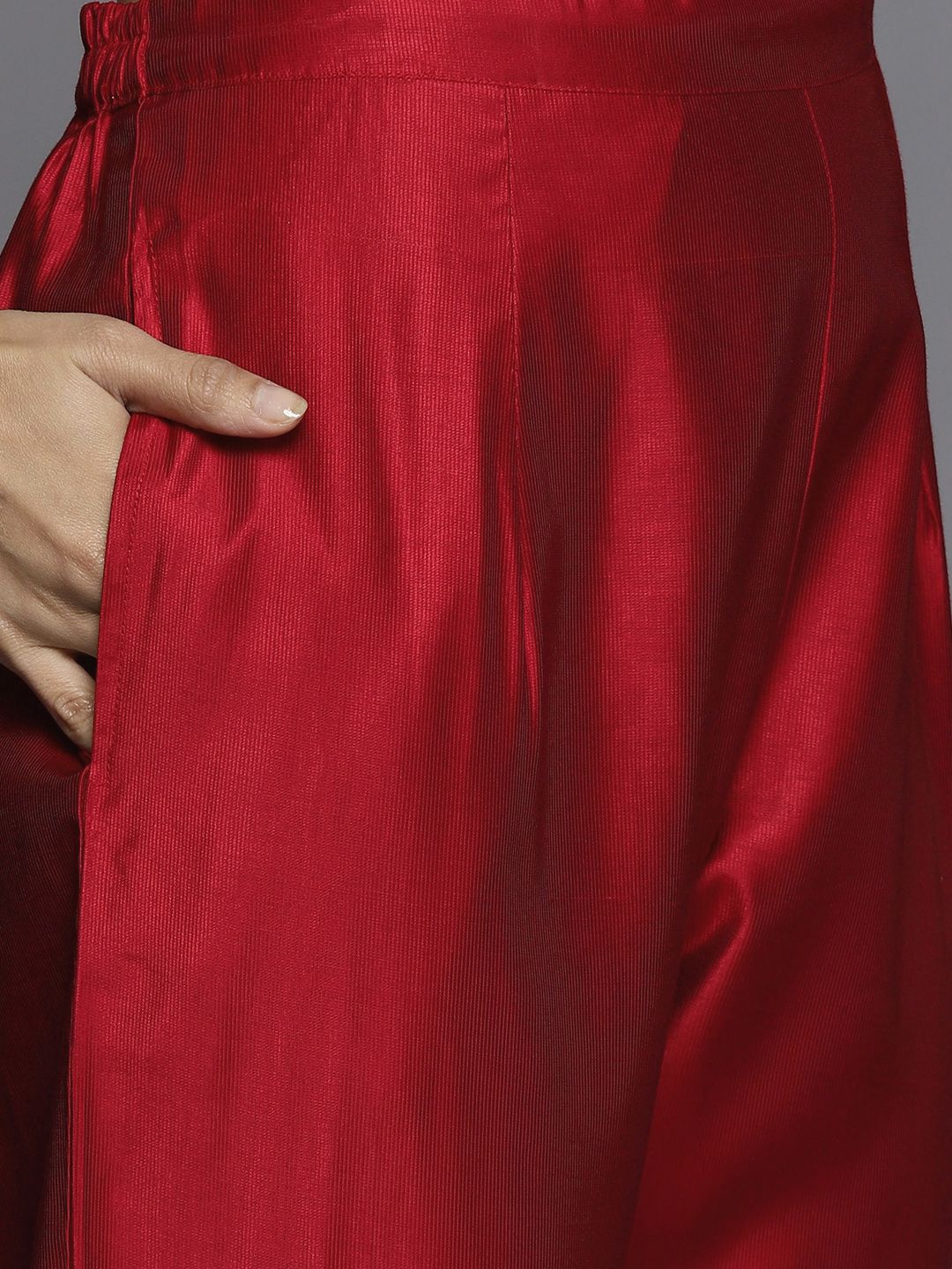 Dhiyona IE Women Red Ethnic Motifs Embroidered Sequinned Liva Kurta with Trousers & Dupatta