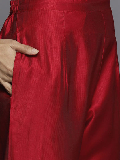 Dhiyona IE Women Red Ethnic Motifs Embroidered Sequinned Liva Kurta with Trousers & Dupatta