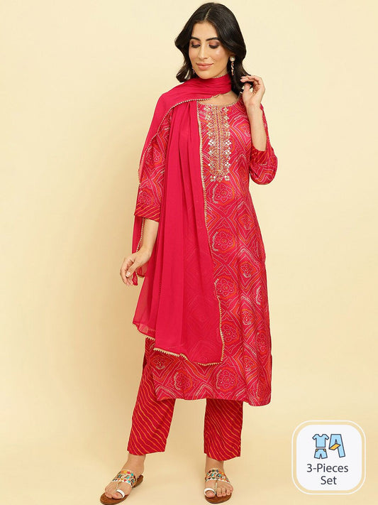 Dhiyona VA Women'sBandhani Printed Regular Chanderi Silk Kurta with Trousers & Dupatta