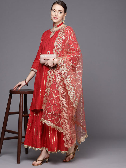 Dhiyona VA Women's Red Striped Kurta with Sharara & With Dupatta