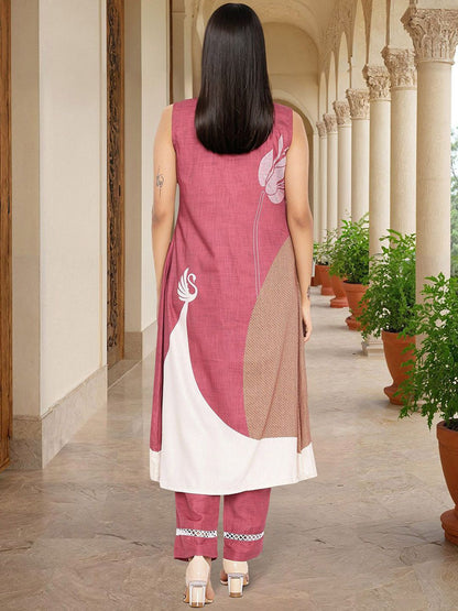 Dhiyona IS Women's Ethnic Motifs Printed V-Neck A-Line Kurta With Trousers
