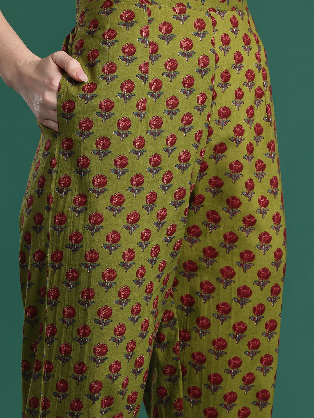 Floral Printed Pleated Sequinned Pure Cotton Kurta with Trousers