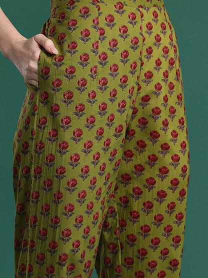 Floral Printed Pleated Sequinned Pure Cotton Kurta with Trousers