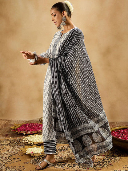Dhiyona IE Floral Printed Mirror Work Pure Cotton Kurta with Palazzos & With Dupatta