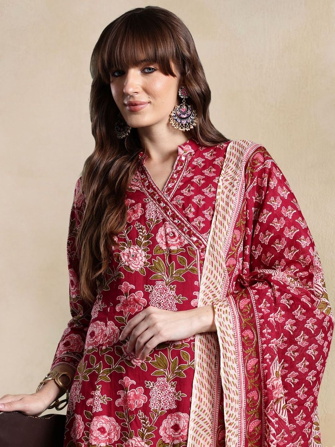 Women Floral Printed Angrakha Pure Cotton Kurta with Trousers & With Dupatta