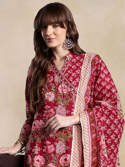 Women Floral Printed Angrakha Pure Cotton Kurta with Trousers & With Dupatta
