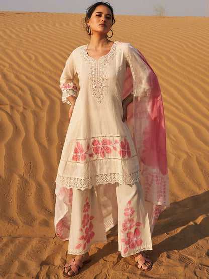Floral Embroidered Mirror Work Panelled Pure Cotton Kurta With Palazzos & Dupatta